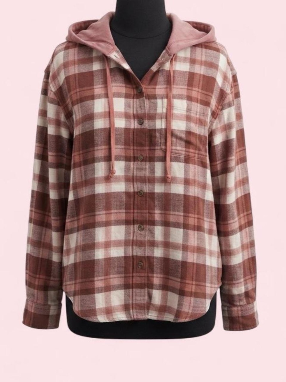 American Eagle Rust Plaid Hooded Button-Up Shirt Hooded Shacket Cabin Core